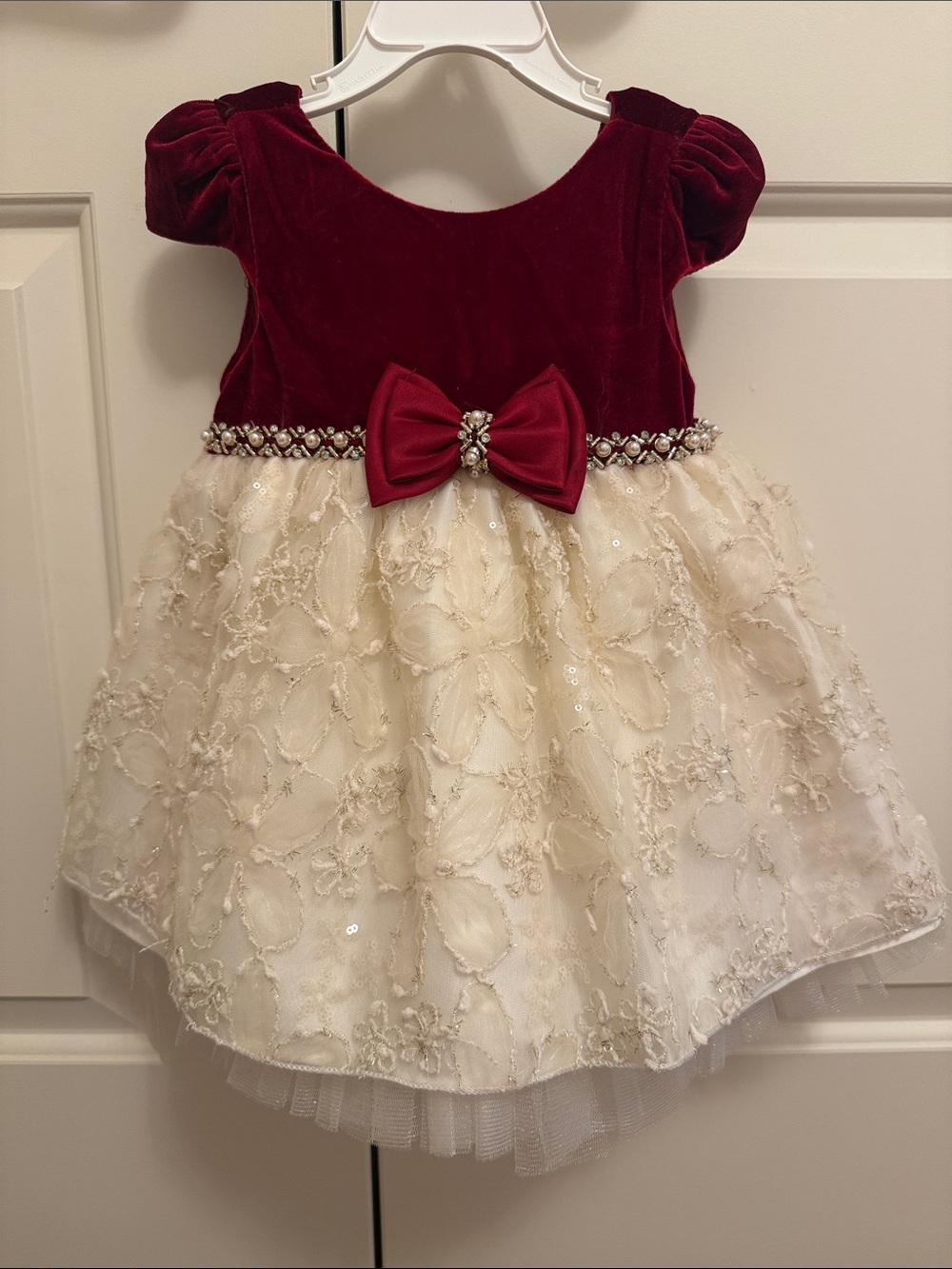 Burgundy Velvet & Ivory Lace Bow Party Dress for Girls